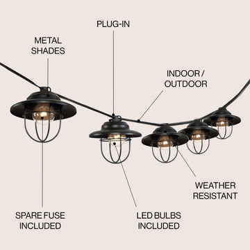 Indoor/Outdoor 10 ft. Rustic Farmhouse Incandescent G40 Metal Cage Shade String Lights